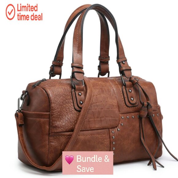 Large Vegan Leather Satchel Tote with Detachable Strap 13.5